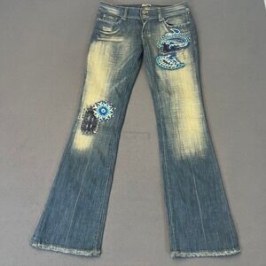 People 4 Peace Women's 29 Flare Jeans Distress Embellished Paisley Bead USA Y2K